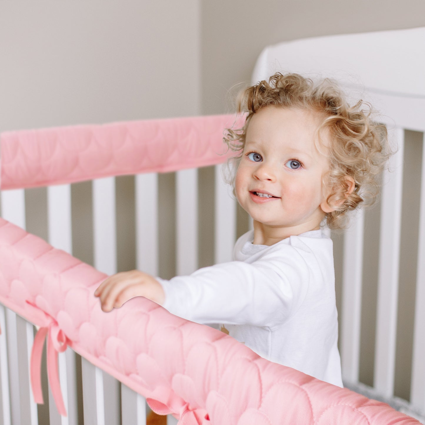 3 Pieces Quilted Crib Rail Cover - Protector Safe Teething Guard Wrap, Reversible, Fit Side and Front Rails, Pink & White - Biloban Online Store