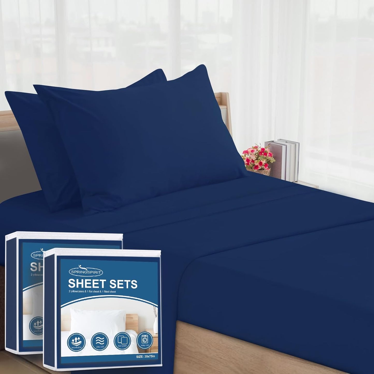 Cot Sheet Set - 2 Pack, 4 Pieces, 30" x 75" x 9", Cot Fitted Sheets for Narrow Twin/Camp Bunk/Rvs Bunk/Guest Beds/Trifold Mattress, Navy - Biloban Online Store