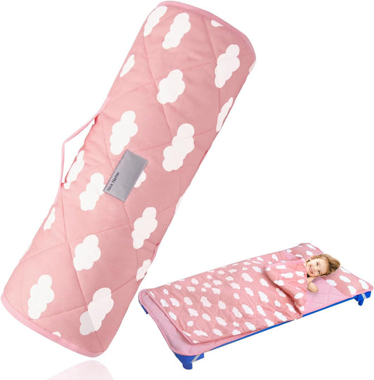 Daycare Cots Kids Nap Mat 52''x23'', Fit Standard Daycare/Preschool Cot, Toddler Bedding Cover with Removable Pillow and Elastic Corner Straps, Super Soft and Warm, Pink Cloud - Biloban Online Store
