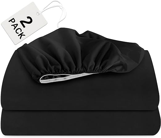 Twin Size Fitted Sheets 2 Pack with Deep Pocket Up to 14", Shrinkage & Stain Resistant & Wrinkle Free, Black - Biloban Online Store