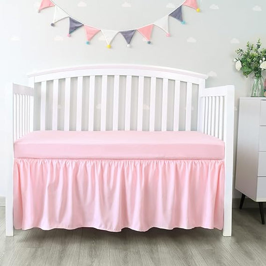 Crib Skirt - Dust Ruffle, Elastic Adjustable Fit, Easy On/Off, 14" Drop, Pink (for Standard Crib/ Toddler Bed) - Biloban Online Store