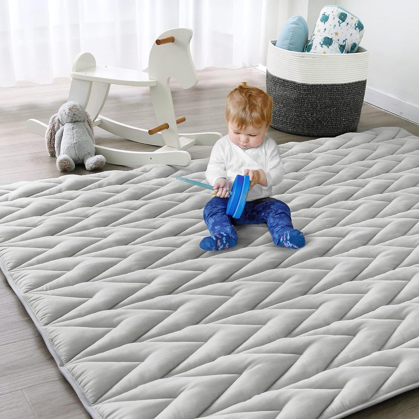 Muslin Baby Play Mat | Playpen Mat - Large Padded Tummy Time Activity Mat for Infant & Toddler, Grey - Biloban Online Store