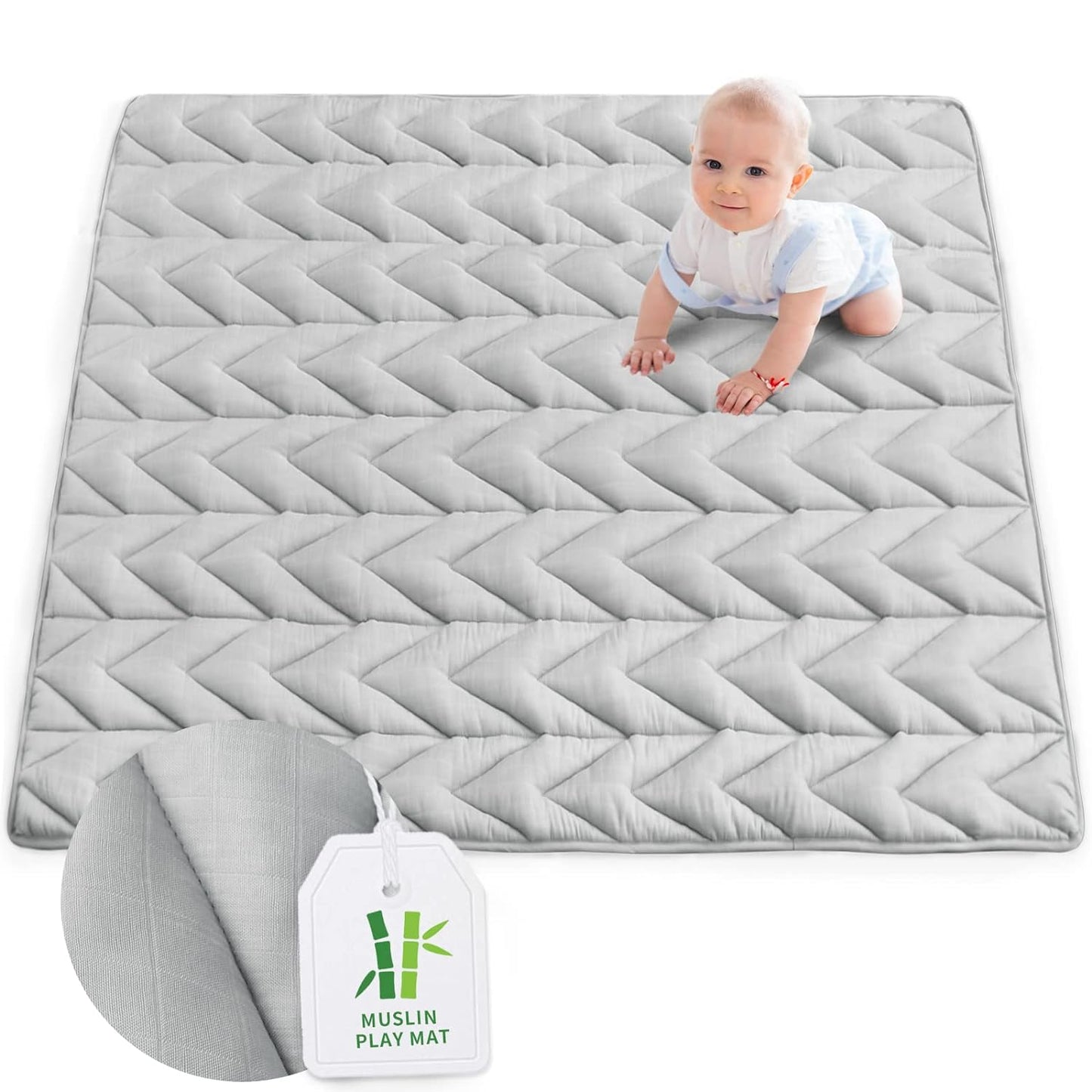 Muslin Baby Play Mat | Playpen Mat - Large Padded Tummy Time Activity Mat for Infant & Toddler, Grey