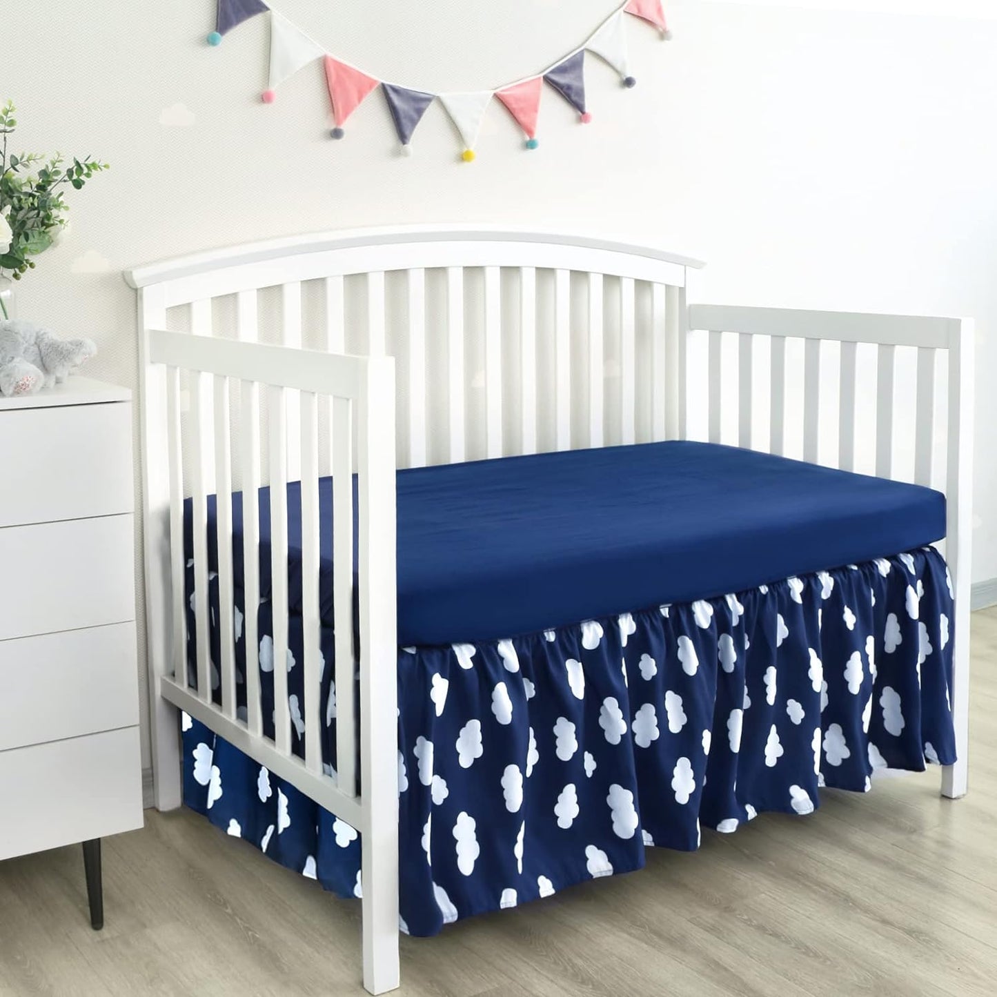 Crib Skirt - Dust Ruffle, Elastic Adjustable Fit, Easy On/Off, 14" Drop, Navy Cloud (for Standard Crib/ Toddler Bed) - Biloban Online Store