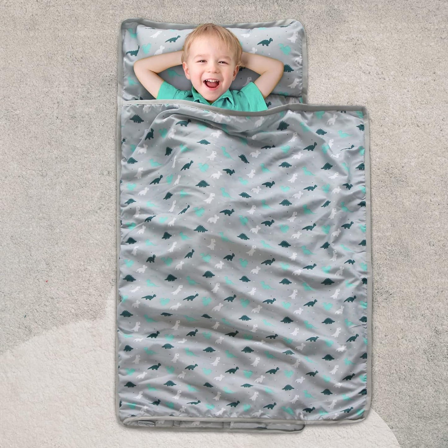 Toddler Nap Mat with Pillow and Blanket 50" x 21", Nap Mat for Boys Girls Super Soft and Cozy, Kids Sleeping Bag for Preschool, Daycare, Toddler Sleeping Bag, Grey Dinosaur