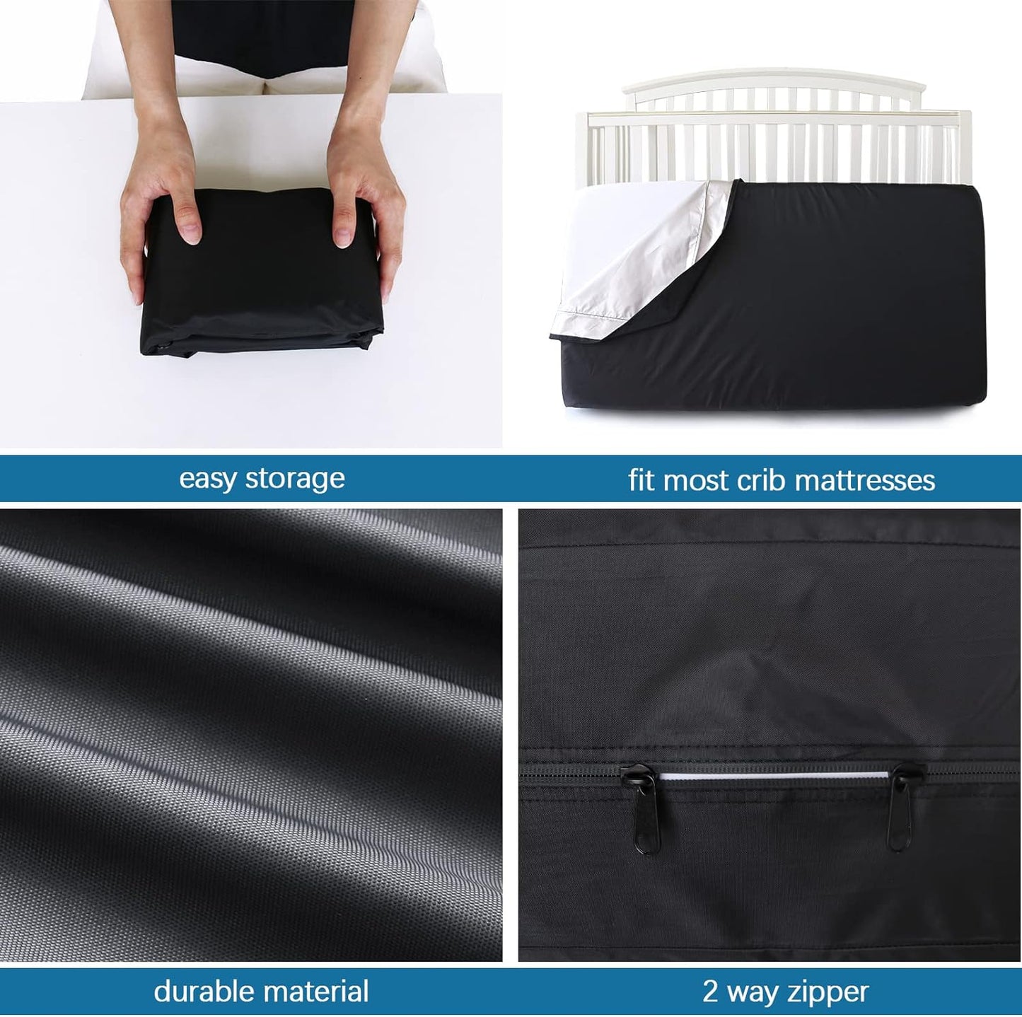 Waterproof Crib Mattress Bags for Moving Storage with Double Zippers, Reusable Thick Tarp, Black