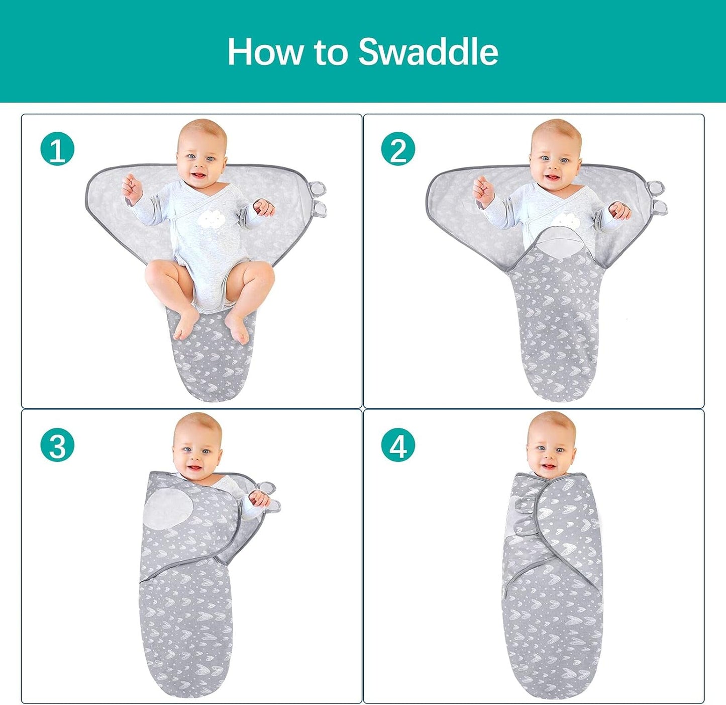 Baby Swaddles - for Newborn 0-3 Months, 4 Pack, 100% Organic Cotton, Grey Heart & White Star