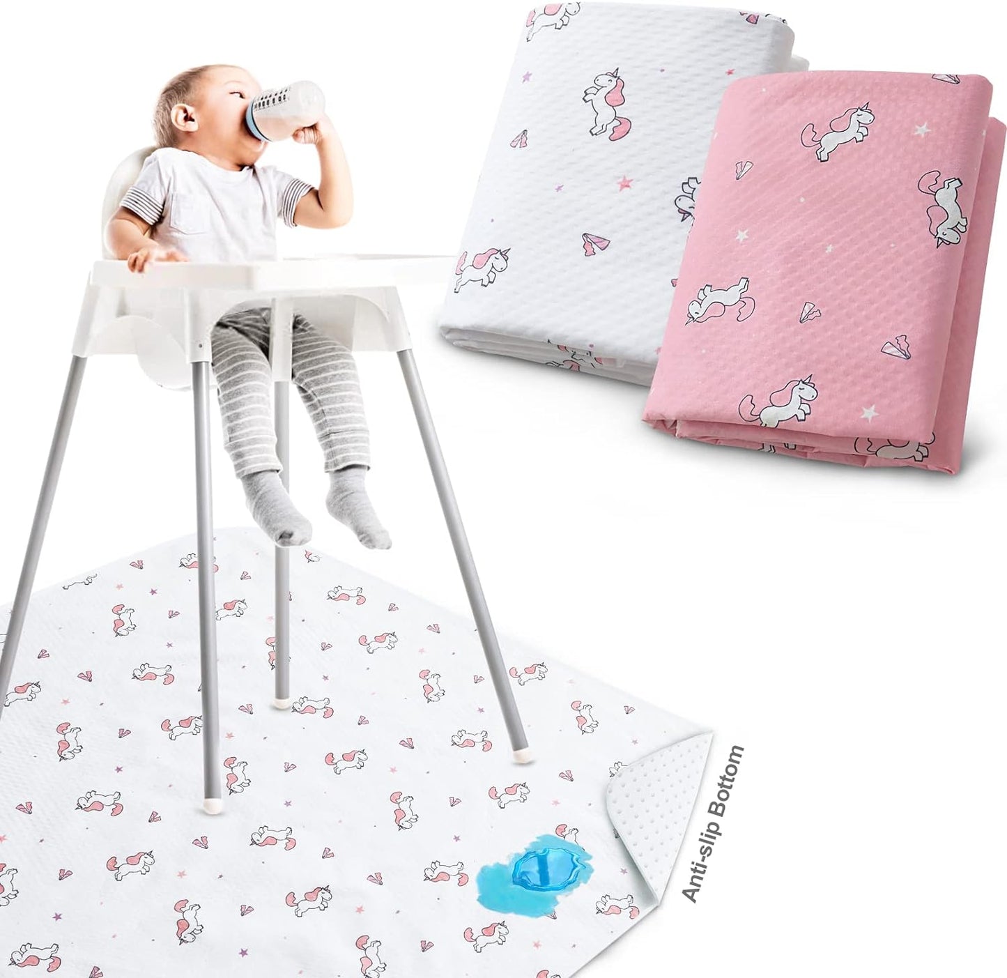 Splat Mat - 2 Pack, Waterproof, For Under High Chair & Arts & Crafts & Eating Mess, Anti-Slip & Reusable & Portable, Pink & White Horse