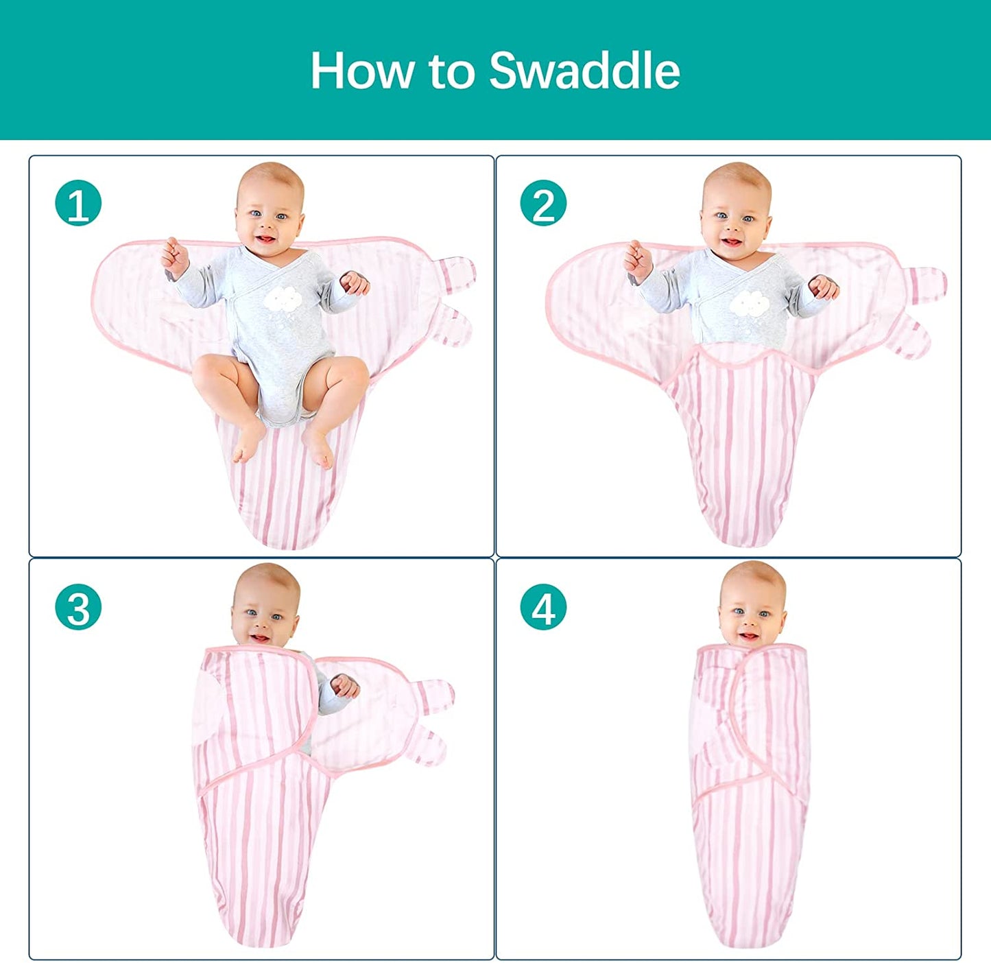 Baby Swaddles - for Newborn 3-6 Months, 2 Pack, 100% Organic Cotton, Pink & White