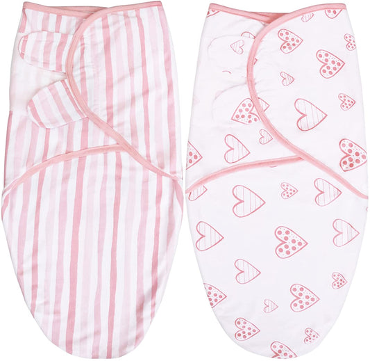 Baby Swaddles - for Newborn 0-3 Months, 2 Pack, 100% Organic Cotton, Pink Heart & Stripe - Biloban Online Store