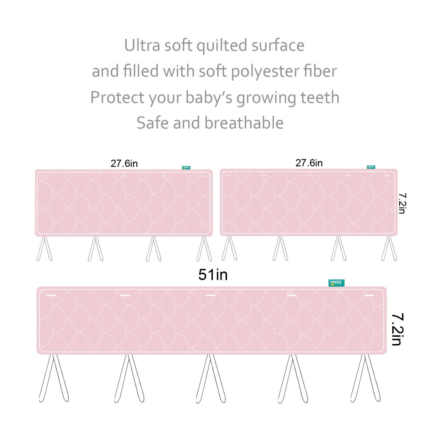 3 Pieces Quilted Crib Rail Cover- Protector Safe Teething Guard Wrap, Pink & White - Biloban Online Store