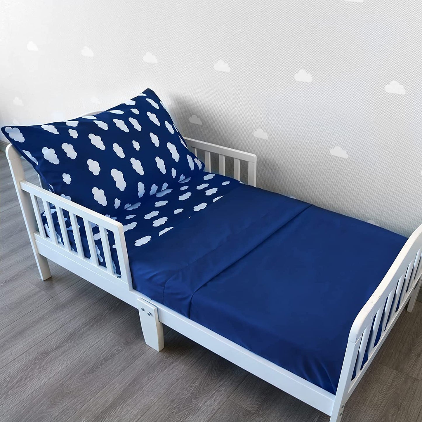 Toddler Bedding Set - 3 Pieces, Includes a Crib Fitted Sheet, Flat Sheet and Envelope Pillowcase, Soft and Breathable, Navy Cloud