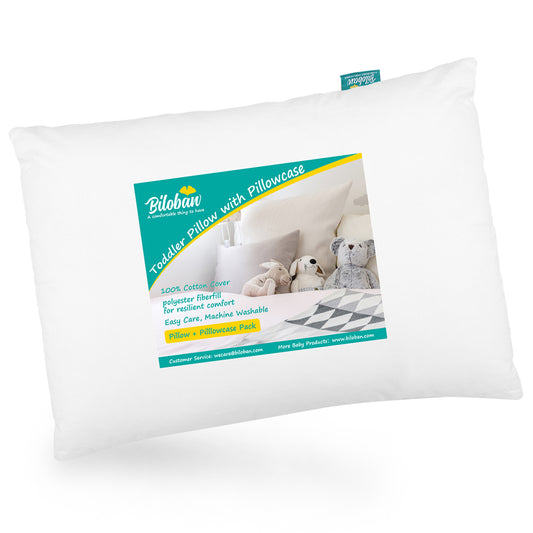 Toddler Pillow Quilted with Pillowcase - 13" x 18", 100% Cotton, Ultra Soft & Breathable, White - Biloban Online Store