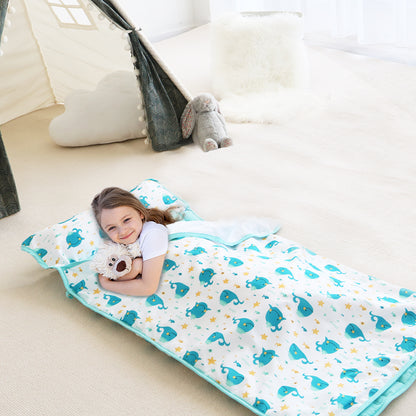 Toddler Nap Mat with Pillow and Blanket, Cot Nap Mats for Daycare Preschool, Lightweight Portable Travel Sleeping Bag for Kids, Warm & Skin-Friendly, Blue Whale, 50" x 21" Visit the Biloban Store
