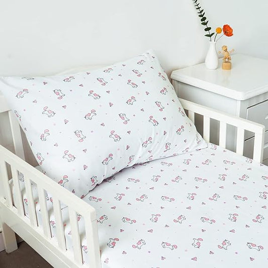 Toddler Bedding Set - 2 Pieces, Includes a Crib Fitted Sheet and Envelope Pillowcase, White Horse - Biloban Online Store
