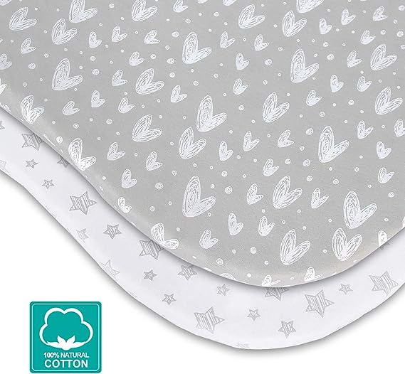 Bassinet Fitted Sheets Compatible with Maxi-Cosi Iora Bedside Bassinet, 2 Pack, 100% Organic Cotton