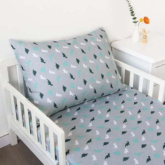Toddler Bedding Set - 2 Pieces, Includes a Crib Fitted Sheet and Envelope Pillowcase, Soft and Breathable, Grey Dinosaur - Biloban Online Store