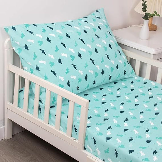 Toddler Bedding Set - 2 Pieces, Includes a Crib Fitted Sheet and Envelope Pillowcase, Blue Dinosaur - Biloban Online Store