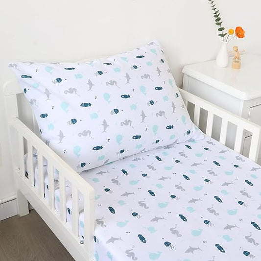 Toddler Bedding Set - 2 Pieces, Includes a Crib Fitted Sheet and Envelope Pillowcase, White Ocean - Biloban Online Store