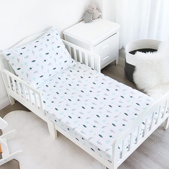 Toddler Bedding Set - 2 Pieces, Includes a Crib Fitted Sheet and Envelope Pillowcase, White Ocean