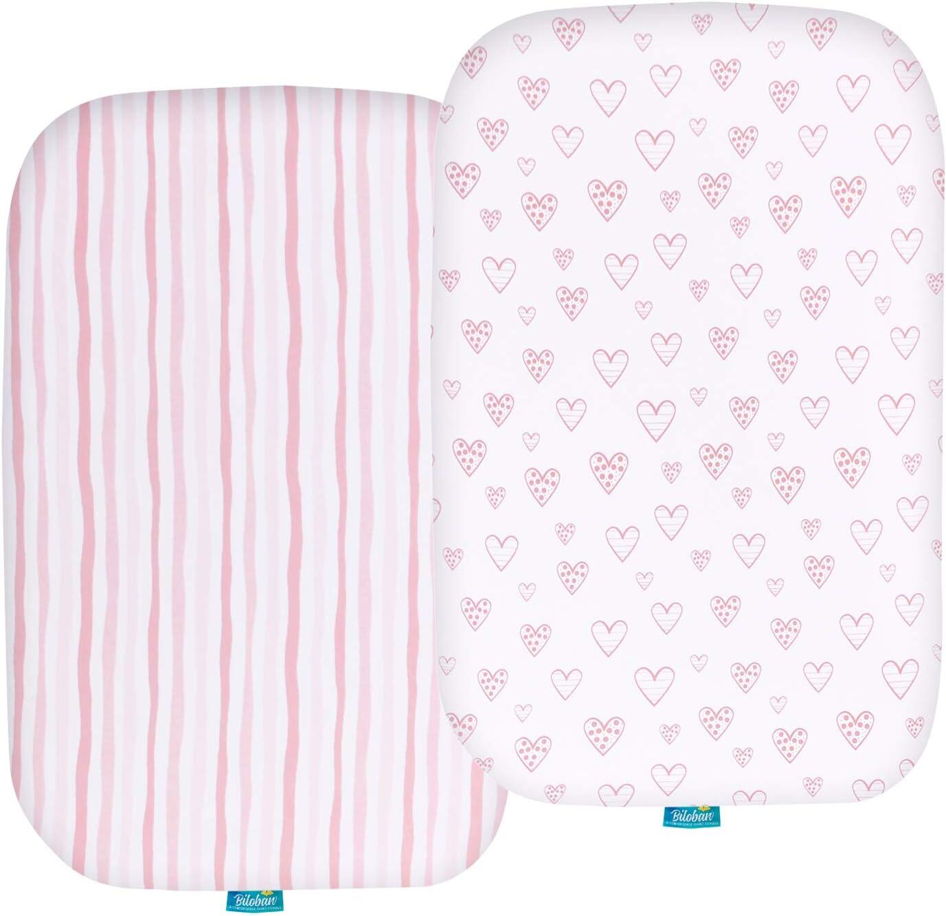 Bassinet Sheets - Fit Chicco LullaGo Portable Bassinet  (17"X33"), 2 Pack, 100% Jersey Cotton, Pink & White - Biloban Online Store