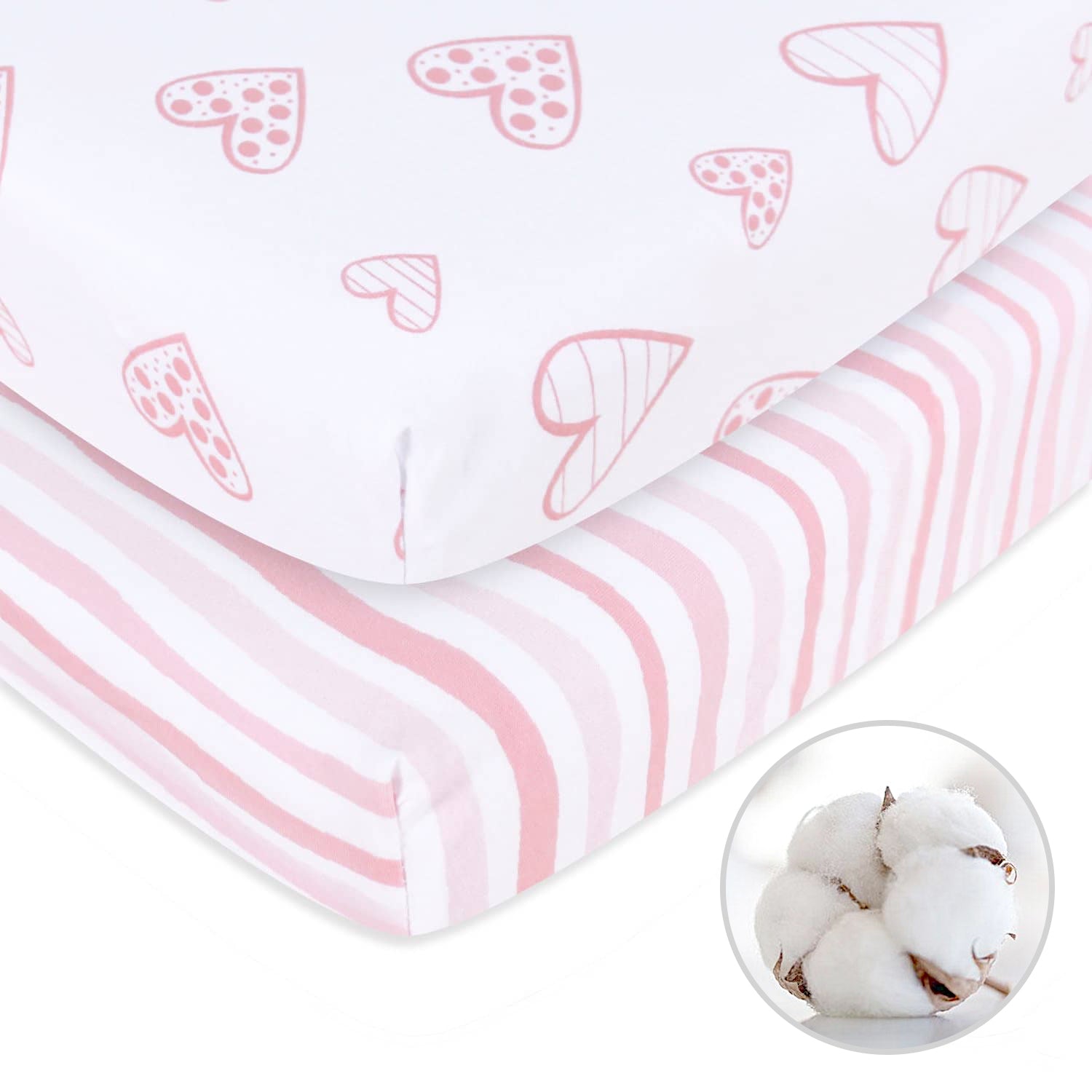 Pack n Play Sheet | Mini Crib Sheet - 2 Pack, 100% Jersey Cotton, Fits Graco Pack and Play, Pink & White - Biloban Online Store