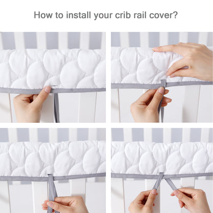3 Pieces Quilted Crib Rail Cover - Protector Safe Teething Guard Wrap, Reversible, Fit Side and Front Rails, Grey & White