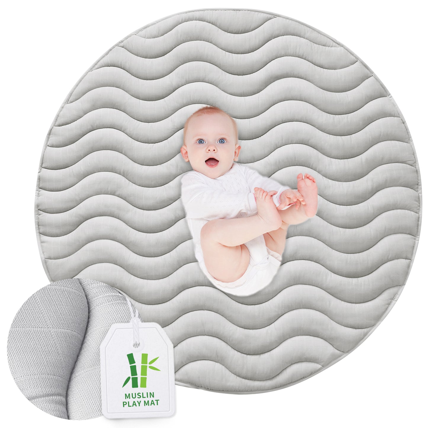 Muslin Baby Play Mat - Round 47'' x 47'', Padded Tummy Time Activity Mat for Infant & Toddler, Intricate Wave Quilted, Grey - Biloban Online Store