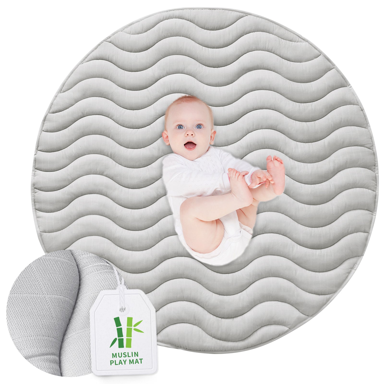 Muslin Baby Play Mat - Round 47'' x 47'', Padded Tummy Time Activity Mat for Infant & Toddler, Grey - Biloban Online Store