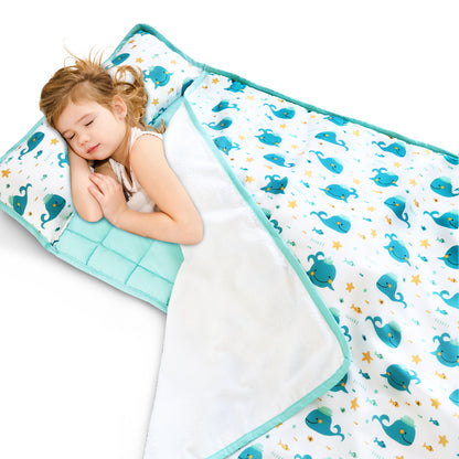 Toddler Nap Mat with Pillow and Blanket, Cot Nap Mats for Daycare Preschool, Lightweight Portable Travel Sleeping Bag for Kids, Warm & Skin-Friendly, Blue Whale, 50" x 21" Visit the Biloban Store