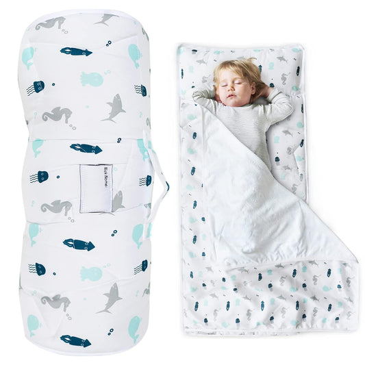 Toddler Nap Mat with Pillow and Blanket 50" x 21", Nap Mat for Boys Girls Super Soft and Cozy, Kids Sleeping Bag for Preschool, Daycare, Toddler Sleeping Bag, White Ocean - Biloban Online Store