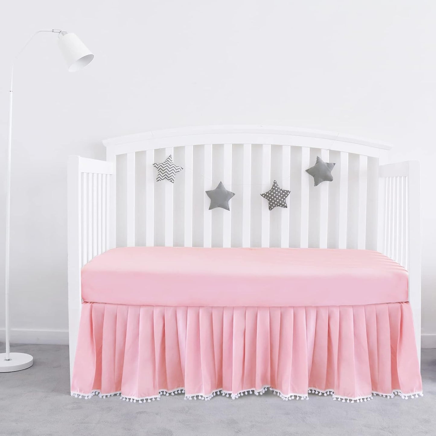 Crib Skirt - Dust Ruffle with Lovely Pompoms, 14" Drop, Pink (for Standard Crib Bed) - Biloban Online Store