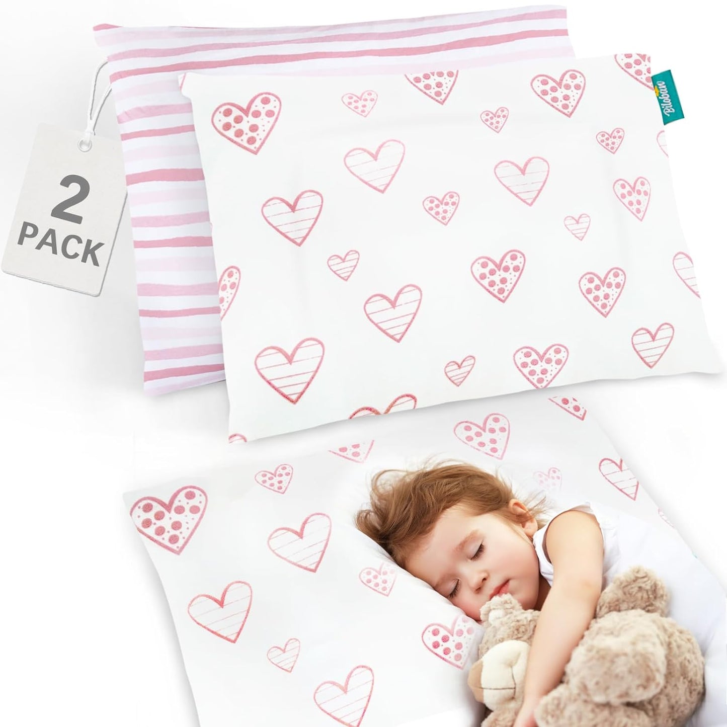 Toddler Pillow Quilted with Pillowcase - 2 Pack, 13" x 18", 100% Cotton, Ultra Soft & Breathable, Pink Heart & Stripe - Biloban Online Store