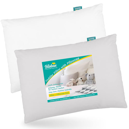 Toddler Pillow Quilted with Pillowcase - 2 Pack, 13" x 18", 100% Cotton, Ultra Soft & Breathable, Grey & White - Biloban Online Store