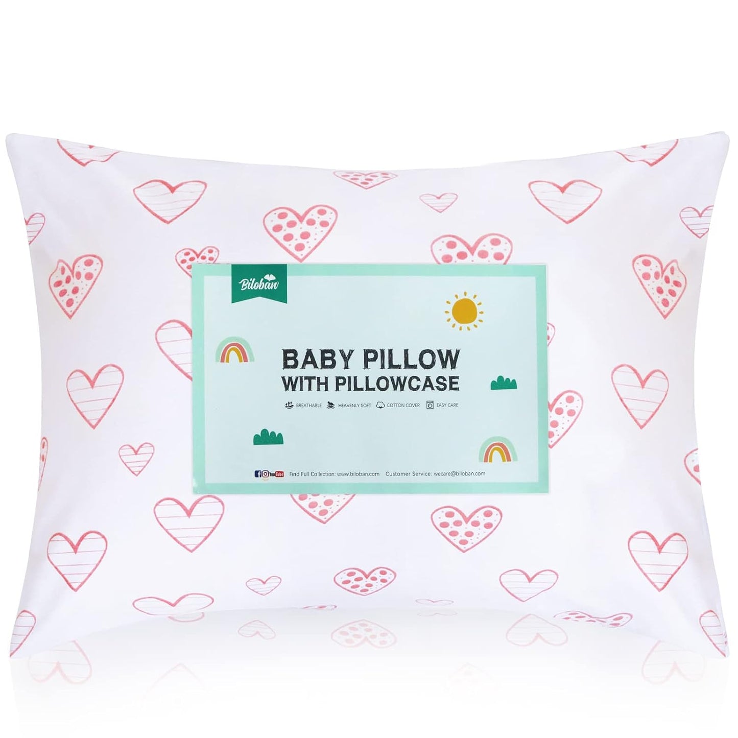 Toddler Pillow with Pillowcase - 14" x 19", 100% Cotton, Multi-Use, Ultra Soft & Breathable, Pink Heart - Biloban Online Store