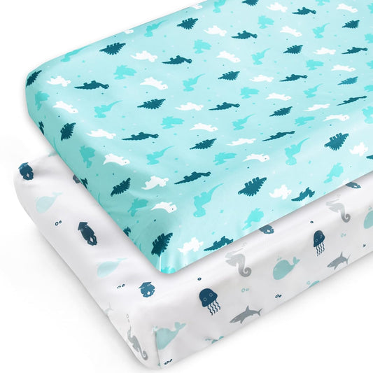 Changing Pad Cover - 2 Pack, Ultra-Soft Microfiber, Comfy & Breathable, Blue Dinosaur & White Ocean - Biloban Online Store