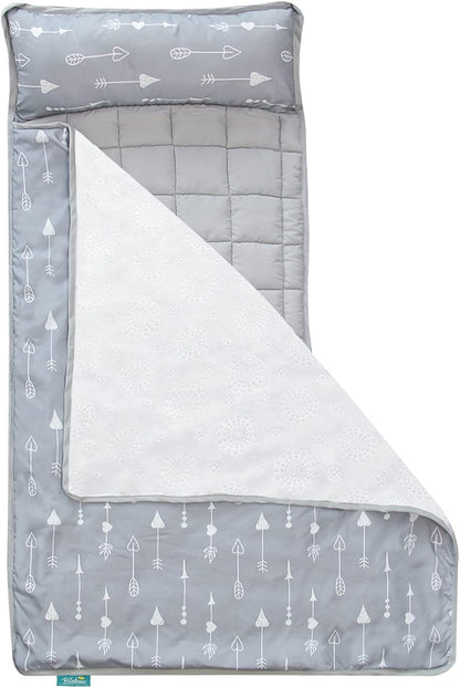Toddler Nap Mat with Removable Pillow and Blanket, Lightweight Kids Nap Mats for Preschool Daycare, Travel Sleeping Bag for Boys Girls, 50" x 21" Fit Standard Cot, Super Soft and Cozy, Grey Arrow