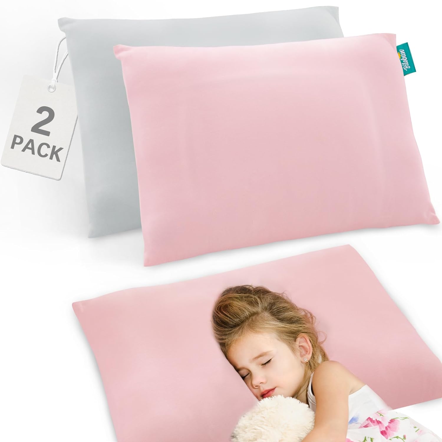 Toddler Pillow Quilted with Pillowcase - 2 Pack, 13" x 18", 100% Cotton, Ultra Soft & Breathable, Grey & Pink - Biloban Online Store