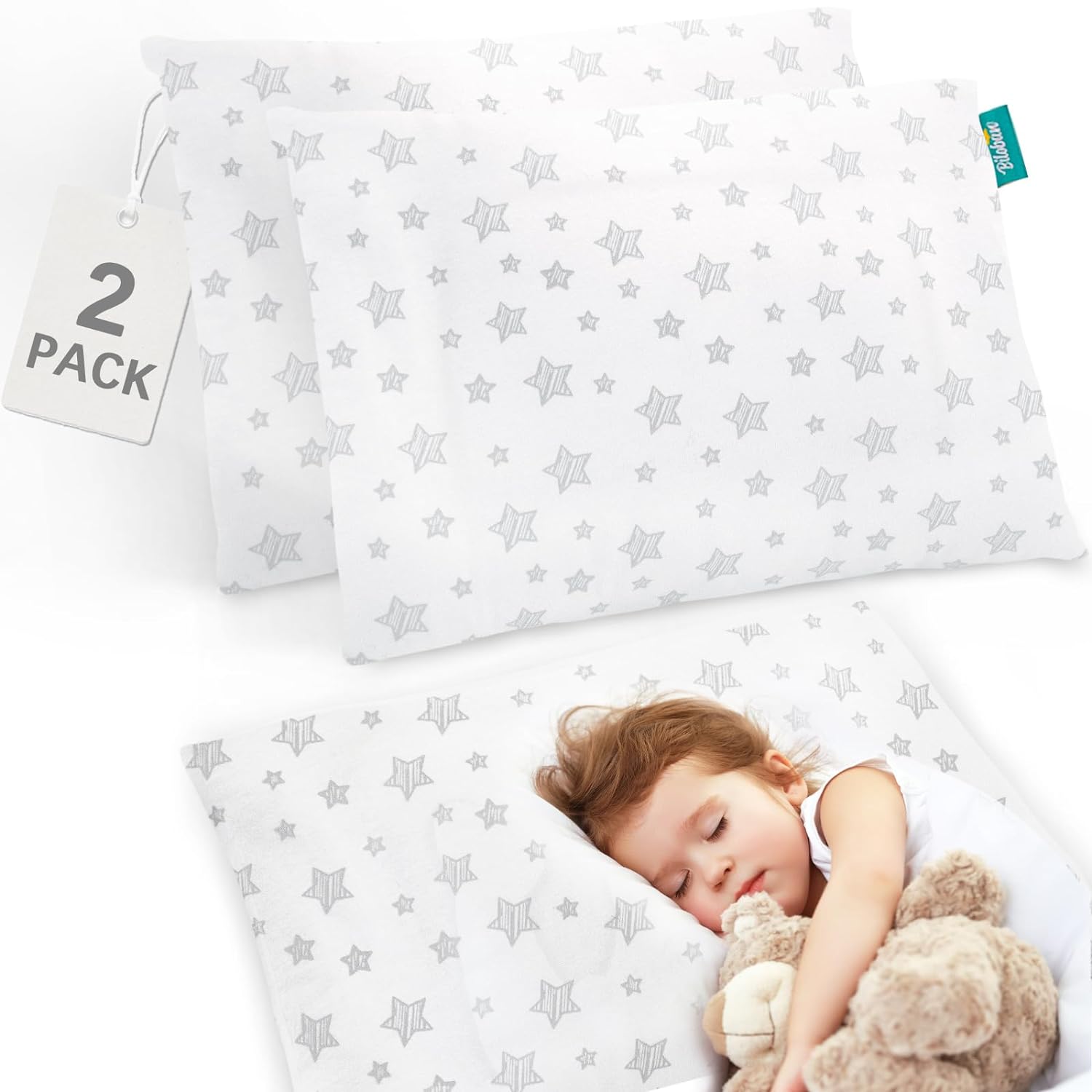 Toddler Pillow Quilted with Pillowcase - 2 Pack, 13" x 18", 100% Cotton, Ultra Soft & Breathable, White Stars - Biloban Online Store