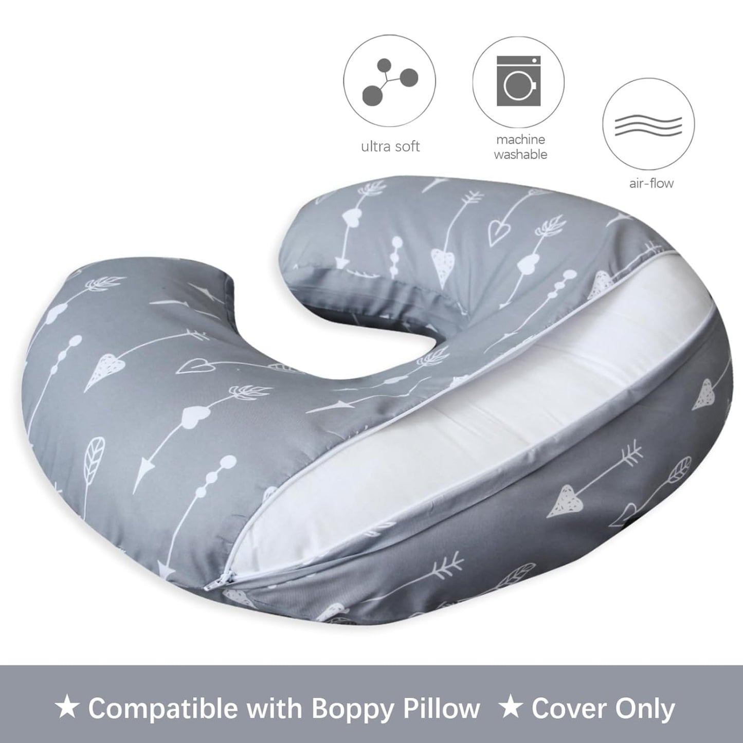 Nursing Pillow Cover for Boppy - 2 Pack, Ultra-soft Microfiber, Breathable & Skin-Friendly, Pink Cloud & Grey Arrow