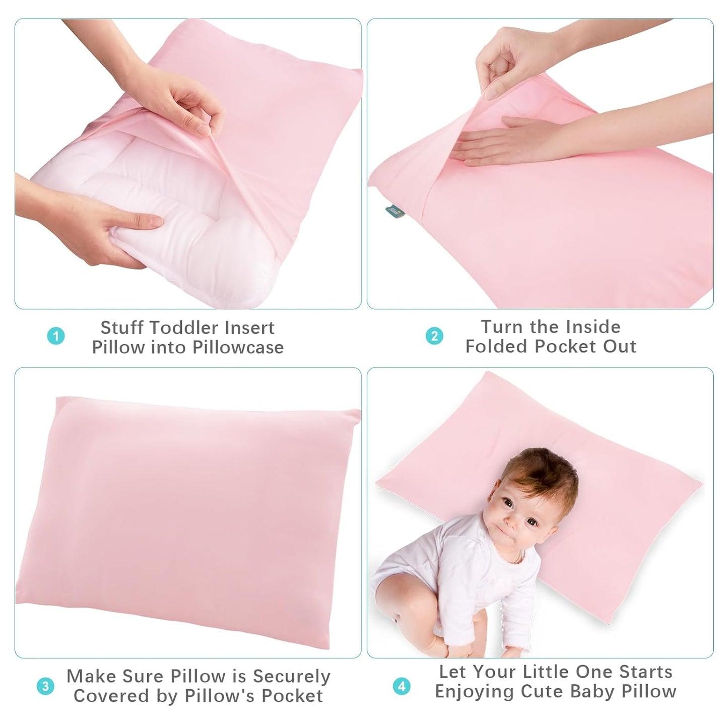 Toddler Pillow Quilted with Pillowcase - 13" x 18", 100% Cotton, Ultra Soft & Breathable, Pink - Biloban Online Store