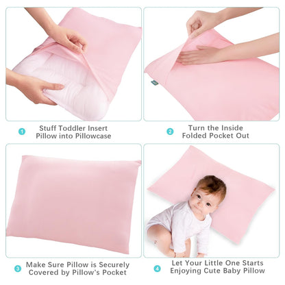 Toddler Pillow Quilted with Pillowcase - 2 Pack, 13" x 18", 100% Cotton, Ultra Soft & Breathable, Pink & White