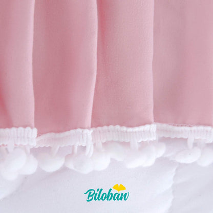 Crib Skirt - Dust Ruffle with Lovely Pompoms, 14" Drop, Grey (for Standard Crib/ Toddler Bed) - Biloban Online Store
