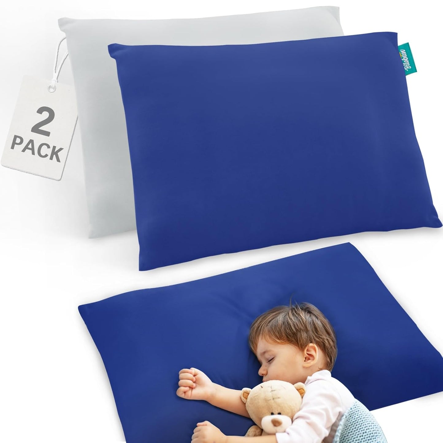 Toddler Pillow Quilted with Pillowcase - 2 Pack, 13" x 18", 100% Cotton, Ultra Soft & Breathable, Grey & Navy