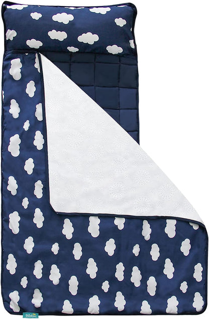 Toddler Nap Mat with Removable Pillow and Blanket, Lightweight Kids Nap Mats for Preschool Daycare, Travel Sleeping Bag for Boys Girls, 50" x 21" Fit Standard Cot, Super Soft and Cozy, Navy Cloud - Biloban Online Store