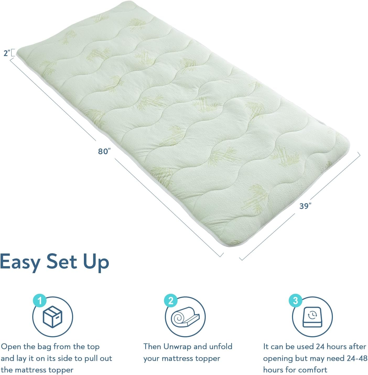 Viscose Twin XL Mattress Topper Pad, For College Dorm Room Essential, Light Green