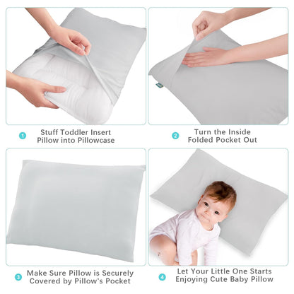 Toddler Pillow Quilted with Pillowcase - 2 Pack, 13" x 18", 100% Cotton, Ultra Soft & Breathable, Grey & Navy