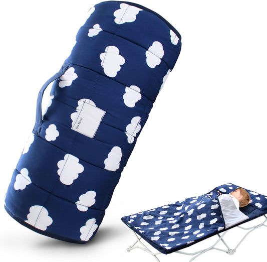 Nap Mat with Removeble Pillow and Fleece Blanket for Regalo My Cot/Joovy Travel Cot, Super Soft & Skin Friendly, Perfect Kids Sleeping Mats/Sleeping Bag for Preschool Daycare Boys and Girls, Navy Cloud - Biloban Online Store