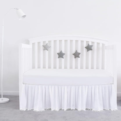 Crib Skirt - Dust Ruffle with Lovely Pompoms, 14" Drop, White (for Standard Crib Bed) - Biloban Online Store