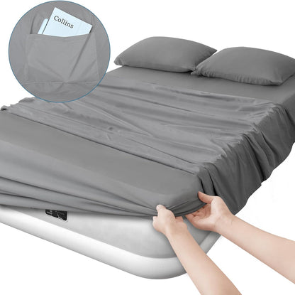Deep Pocket Sheets Queen Sheet Sets for Air Mattress with Pocket on Side, 4 Piece Sheet Set Queen Size Extra Deep Pocket up to 24’’, Grey